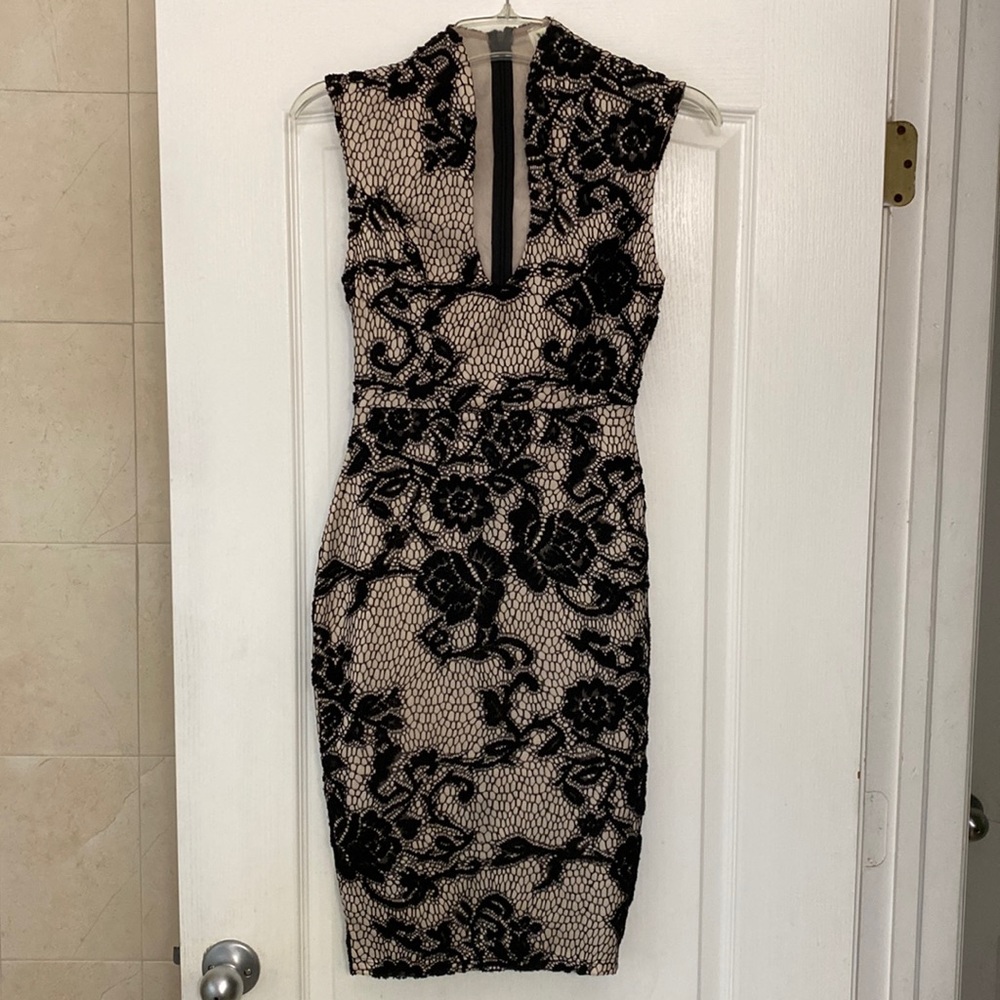 Sheer Black Lace & Beige Bodycon Dress super sexy low cut I’m the front